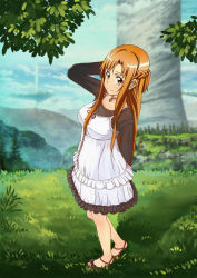 Rule 34 | 10s, 1girl, absurdres, asuna (sao), atlas (pixiv18015528), breasts, brown eyes, brown hair, casual, cloud, day, dress, grass, hand in own hair, highres, large breasts, long hair, looking at viewer, smile, solo, sword art online, tree