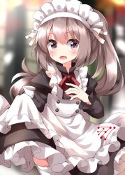 Rule 34 | 1girl, alternate costume, apron, black dress, blush, cowboy shot, dress, enmaided, frilled apron, frilled dress, frills, grey eyes, grey hair, hair between eyes, highres, juliet sleeves, long hair, long sleeves, maid, maid apron, maid headdress, mononobe no futo, open mouth, ponytail, puffy sleeves, ruu (tksymkw), solo, thighhighs, touhou, white apron, white thighhighs