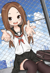 Rule 34 | 1girl, :d, ai cao, black sailor collar, black skirt, blue sky, blush, briefcase, brown eyes, brown hair, brown thighhighs, building, chain-link fence, cloud, cloudy sky, commentary request, day, feet out of frame, fence, forehead, highres, karakai jouzu no takagi-san, long sleeves, looking at viewer, neckerchief, open mouth, outdoors, outstretched arms, parted bangs, pleated skirt, red neckerchief, sailor collar, school briefcase, school uniform, serafuku, shirt, sitting, skirt, sky, skyscraper, smile, solo, takagi-san, teeth, thighhighs, upper teeth only, white shirt