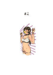 Rule 34 | 1girl, bad id, bad pixiv id, bra, brown eyes, brown hair, cuffs, gag, glasses, hair bobbles, hair ornament, hjl, looking at viewer, navel, panties, panty pull, restrained, rubber duck, solo, underwear