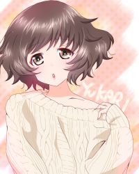 Rule 34 | 10s, 1girl, akiyama yukari, character name, chestnut mouth, clothes pull, commentary, girls und panzer, lips, long sleeves, looking at viewer, off shoulder, one-piece swimsuit, open mouth, pamchapyuzu, polka dot, polka dot background, pulled by self, ribbed sweater, shirt pull, short hair, solo, standing, sweater, swimsuit, upper body, white one-piece swimsuit