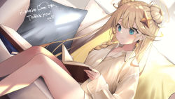 Rule 34 | 1girl, beige shirt, blue eyes, blush, book, character name, collared shirt, commission, couch, cyberlive, double bun, earrings, hair behind ear, hair bun, heart, jewelry, kaneko lumi, looking down, open book, pillow, shirt, sitting, skeb commission, smile, solo, star (symbol), star earrings, una nagi, virtual youtuber