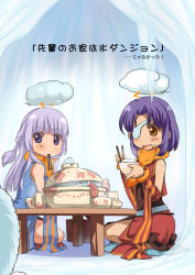 Rule 34 | 2girls, alternate color, animal, animal around neck, bad id, bad pixiv id, blue dress, blue sleeves, blunt bangs, blush, bowl, braid, chopsticks, cloud, cloud over head, detached sleeves, dress, food, food on face, fox, french braid, full body, high heels, holding, holding bowl, ice, ice cave, in-universe location, kawagoe pochi, light purple hair, long hair, looking at viewer, mouth hold, multiple girls, open mouth, pot, professor (ragnarok online), purple eyes, purple hair, ragnarok online, red sleeves, rice, scarf, seiza, short hair, siroma, sitting, sleeveless, sleeveless dress, striped sleeves, table, tongue, translation request, yellow eyes, yellow sleeves