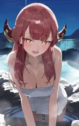 Rule 34 | 1girl, aru (blue archive), bare shoulders, black eyeliner, blue archive, blush, breasts, cleavage, collarbone, demon horns, eyelashes, eyeliner, halo, hand on ground, hand rest, highres, horns, large breasts, long hair, looking at viewer, makeup, naked towel, night, night sky, onsen, open mouth, pink hair, red hair, rock, sky, smile, solo, star (sky), sweat, sweatdrop, thighs, towel, ushiwaka, water, yellow eyes