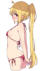 Rule 34 | 1girl, ahoge, ass, bare arms, bare shoulders, bikini, blonde hair, blush, bocchi the rock!, cowboy shot, cropped legs, highres, ijichi nijika, long hair, mel (melty pot), one side up, parted lips, profile, red bikini, red eyes, side-tie bikini bottom, simple background, solo, swimsuit, white background