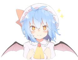 Rule 34 | + +, 1girl, antenna hair, ascot, bat wings, blue hair, blush, bow, brooch, cropped torso, dot nose, fangs, flat chest, frilled shirt collar, frills, hair between eyes, hands up, hat, hat bow, jewelry, kae karee, light smile, looking at viewer, mob cap, nose blush, red bow, remilia scarlet, short hair, simple background, skin fangs, solo, sparkle, star-shaped pupils, star (symbol), symbol-shaped pupils, touhou, upper body, white background, white hat, wings, yellow ascot