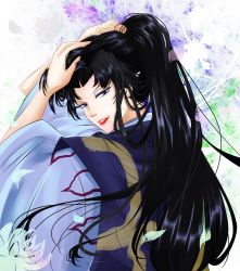 Rule 34 | 1boy, 23annki, androgynous, bad id, bad pixiv id, black hair, byakuya (inuyasha), eyelashes, hairdressing, high ponytail, holding, holding own hair, inuyasha, japanese clothes, lipstick, long hair, looking at viewer, looking back, makeup, male focus, parted bangs, parted lips, ponytail, red lips, solo, upper body, very long hair, wide sleeves