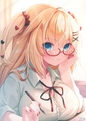 Rule 34 | 1girl, akai haato, blonde hair, blue eyes, breasts, closed mouth, collared shirt, commentary request, dress shirt, glasses, hair between eyes, hair ornament, hairclip, hand on own cheek, hand on own face, hands up, head rest, heart, heart hair ornament, highres, holding, holding pen, hololive, large breasts, long hair, long sleeves, looking at viewer, magowasabi, nail polish, neck ribbon, pen, red nails, red ribbon, ribbon, semi-rimless eyewear, shirt, signature, smile, solo, twitter username, two side up, upper body, virtual youtuber, white shirt, x hair ornament