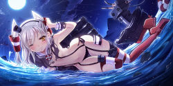 Rule 34 | 10s, 1girl, amatsukaze (kancolle), black panties, blush, brown eyes, fisheye, full moon, garter straps, hair ornament, kantai collection, long hair, looking at viewer, moon, one eye closed, outdoors, panties, philomelalilium, red thighhighs, rensouhou-kun, silver hair, solo, striped clothes, striped thighhighs, thigh gap, thighhighs, torn clothes, twintails, two side up, underwear, water, wink