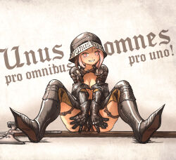 Rule 34 | 1girl, armor, armored boots, ass, blonde hair, boots, breasts, chausses, cleavage, ebenholz (ironlily), full body, gauntlets, gradient background, grin, helmet, highres, ironlily, latin text, medium breasts, medium hair, original, shoulder plates, sitting, smile, solo, spread legs, teeth, translation request, weapon