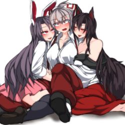 Rule 34 | 3girls, :p, animal ears, baggy pants, black legwear, blush, bow, breast press, breasts, rabbit ears, chocolate, cleavage, collarbone, collared shirt, constricted pupils, dress, eyebrows, fujiwara no mokou, grey hair, hair between eyes, hair bow, half-closed eyes, hand on another&#039;s arm, highres, imaizumi kagerou, kneeling, kuroba rapid, long dress, long hair, long sleeves, looking at another, multiple girls, naughty face, nose blush, open mouth, pants, pink skirt, ponytail, purple hair, red eyes, red pants, reisen udongein inaba, shirt, shoes, simple background, sitting, sitting on lap, sitting on person, skirt, sleeves rolled up, smile, suspenders, sweat, tail, thighhighs, tongue, tongue out, touhou, white background, white shirt, wide sleeves, wing collar, wolf ears, wolf tail, yuri, zettai ryouiki