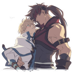 Rule 34 | arm belt, bare shoulders, blonde hair, blush, brown hair, closed mouth, fingernails, green eyes, guilty gear, guilty gear strive, hair between eyes, hand on another&#039;s waist, headband, highres, ky kiske, long hair, looking at another, muscular, muscular male, parted lips, ponytail, simple background, sol badguy, talgi, turtleneck, white background, wide-eyed, yaoi