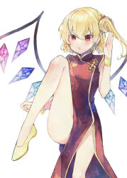 Rule 34 | 1girl, alternate costume, bare legs, blonde hair, blush, bracelet, china dress, chinese clothes, collared dress, commentary request, crystal wings, dress, earrings, flandre scarlet, flats, hand up, highres, jewelry, knee up, looking ahead, multicolored wings, open mouth, pelvic curtain, pointy ears, red dress, red eyes, red nails, simple background, sleeveless, sleeveless dress, solo, stud earrings, touhou, white background, wings, yellow footwear, yurara (aroma42enola)