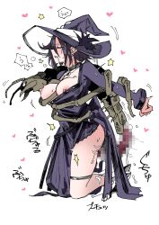 1girl absurdres arms_behind_back bestiality black_dress black_hair black_lips blush breasts bug censored cleavage cleavage_cutout clenched_teeth closed_eyes closed_mouth clothing_cutout dress earrings flower forced girls&#039;_frontline grabbing_another&#039;s_breast groping hat heart highres intruder_(girls&#039;_frontline) intruder_(sorceress_of_the_end)_(girls&#039;_frontline) jewelry kneeling large_hat lips lipstick long_sleeves makeup medium_breasts moaning mosaic_censoring official_alternate_costume oversized_insect penetration_through_clothes rape sangvis_ferri sex sex_from_behind short_hair simple_background speech_bubble stud_earrings sugac teeth thigh_strap witch witch_hat