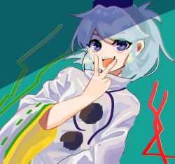 Rule 34 | 1girl, blue eyes, cunnilingus gesture, green background, hat, japanese clothes, kariginu, layered clothes, looking at viewer, mononobe no futo, neck ribbon, oishiinori 1248, pom pom (clothes), ponytail, ribbon, silver hair, tongue, tongue out, touhou, v, v over mouth