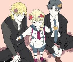 Rule 34 | 3boys, acorn, aged down, autumn, autumn leaves, backpack, bag, belt, black jacket, black pants, black vest, blonde hair, blue hair, blue necktie, blush, braid, brown footwear, child, closed eyes, closed mouth, commentary, dio brando, english commentary, family, father and son, flower, formal, ginkgo leaf, giorno giovanna, grey shirt, hair ornament, holding, holding acorn, implied yaoi, indian style, jacket, jojo no kimyou na bouken, jonathan joestar, leaf, long hair, long sleeves, male focus, morino peko, multiple boys, necktie, pants, shirt, shoes, short hair, sitting, smile, socks, vento aureo, vest, yellow eyes