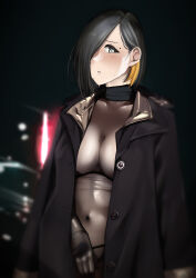 Rule 34 | 1girl, absurdres, black coat, black eyes, black hair, blonde hair, blush, bodystocking, breasts, cleavage, coat, coat on shoulders, covered navel, hair over one eye, highres, large breasts, looking at viewer, mole, mole above eye, mole on breast, mole under mouth, multicolored hair, night, one eye covered, original, outdoors, pupi (rain prophet), see-through, short hair, solo, sweat, two-tone hair, unbuttoned