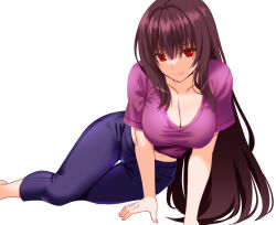 Rule 34 | 1girl, alternate costume, breasts, casual, cleavage, collarbone, commentary request, engo (aquawatery), fate/grand order, fate (series), large breasts, long bangs, long hair, looking at viewer, midriff, pants, purple hair, purple shirt, red eyes, scathach (fate), shirt, simple background, smile, solo, white background