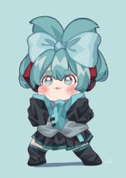 Rule 34 | 1girl, aqua hair, blue background, blue bow, blue eyes, blush, bow, chibi, cinnamiku, commentary request, hair between eyes, hair bow, hatsune miku, headphones, highres, long sleeves, necktie, sanrio, simple background, skirt, smile, solo, thick eyebrows, tied ears, uchisaki himari, updo, vocaloid