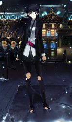 Rule 34 | 10s, 1girl, arms at sides, bare tree, belt, black hair, black jacket, black pantyhose, blue eyes, blunt bangs, breath, brick, building, christmas lights, footprints, france, frown, full body, game cg, german text, highres, houndstooth, jacket, long hair, long sleeves, looking at viewer, nakamura takeshi, night, no shoes, open clothes, open jacket, outdoors, pantyhose, pavement, pencil skirt, real world location, shirt, skirt, snow, snowing, solo focus, standing, statue, striped clothes, striped pantyhose, toes, torn clothes, torn legwear, touma kazusa, tree, white album (series), white album 2, white shirt, wind, winter