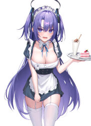 Rule 34 | 1girl, alternate costume, apron, black dress, blue archive, blush, breasts, cake, cake slice, cleavage, collarbone, detached collar, dress, enmaided, feet out of frame, food, food on body, food on breasts, garter straps, halo, highres, holding, holding tray, id card, large breasts, long hair, looking at viewer, maid, maid headdress, melt (melt out1), milkshake, neck ribbon, puffy short sleeves, puffy sleeves, purple eyes, purple hair, ribbon, short sleeves, simple background, solo, sweatdrop, thighhighs, tray, two side up, very long hair, waist apron, white apron, white background, white garter straps, white thighhighs, yuuka (blue archive)