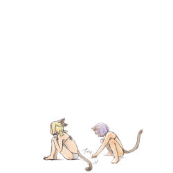Rule 34 | 00s, 2girls, animal ears, bad id, bad pixiv id, blonde hair, cat girl, comic, final fantasy, final fantasy xi, mithra (ff11), multiple girls, nucomas, purple hair, simple background, sitting, squatting, tail, white background
