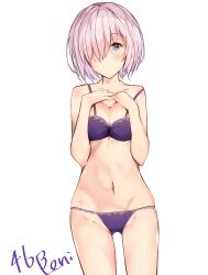 Rule 34 | 1girl, absurdres, alternate costume, bad id, bad pixiv id, blush, bra, breasts, cleavage, collarbone, cowboy shot, fate/grand order, fate (series), groin, hair over one eye, highres, looking at viewer, mash kyrielight, medium breasts, navel, panties, pink hair, purple bra, purple eyes, purple panties, shiny skin, short hair, simple background, smile, solo, standing, underwear, underwear only, white background, yorubeni
