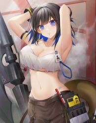 Rule 34 | 1girl, arknights, arm strap, armpits, arms up, bare shoulders, black hair, blue eyes, blue hair, breasts, camisole, cleavage, collarbone, commentary, cowboy shot, crop top, eunectes (arknights), eunectes (forgemaster) (arknights), head tilt, highres, large breasts, looking at viewer, midriff, multicolored hair, navel, official alternate costume, ryu.o, short hair, snake tail, solo, spaghetti strap, standing, stomach, tail