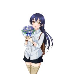Rule 34 | 10s, 1girl, :d, backpack, bag, black shorts, blue hair, bouquet, bracelet, brown eyes, collared shirt, flower, hair between eyes, holding, holding bouquet, jewelry, long hair, long sleeves, love live!, love live! school idol festival, love live! school idol project, non-web source, official art, open mouth, shirt, shorts, sleeves rolled up, smile, solo, sonoda umi, thighhighs, transparent background, white shirt
