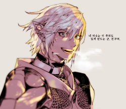 Rule 34 | 1boy, :d, armor, belt collar, blue eyes, blush, breastplate, chainmail, collar, earrings, final fantasy, final fantasy xiv, final fantasy xiv: heavensward, hair between eyes, haurchefant greystone, jewelry, korean text, looking at viewer, mail, male focus, open mouth, pauldrons, pigeon666, short hair, shoulder armor, simple background, smile, solo, spot color, turtleneck, white hair