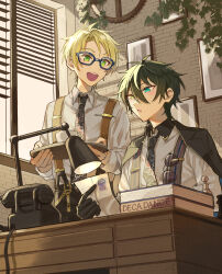 Rule 34 | 2boys, absurdres, aqua eyes, black gloves, black jacket, blonde hair, book, collared shirt, commentary request, cup, desk lamp, ensemble stars!, glasses, gloves, green eyes, green hair, grey shirt, hair between eyes, heterochromia, highres, holding, holding tray, jacket, jacket on shoulders, kagehira mika, lamp, lapels, long sleeves, male focus, multiple boys, necktie, official alternate costume, open mouth, phone, picture frame, shirt, short hair, sunglasses, suspenders, table, teeth, tray, upper body, upper teeth only, wednesday 108, yellow eyes, yuuki makoto (ensemble stars!)