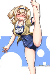 Rule 34 | 1girl, beige shirt, commentary request, closed eyes, hairband, i-26 (kancolle), kantai collection, light brown hair, long hair, motomiya ryou, name tag, new school swimsuit, one-hour drawing challenge, open mouth, sailor collar, school swimsuit, short sleeves, solo, split, standing, standing on one leg, standing split, swimsuit, swimsuit under clothes, two-tone hairband, two side up, white sailor collar
