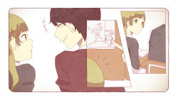 Rule 34 | 1boy, 1girl, 3koma, before and after, black hair, book, border, brown jacket, cardigan, cat, collared shirt, comic, desk, dotted line, drawing, eye contact, facing another, fingernails, from behind, green eyes, green hair, grey cardigan, hitsuji-llllll, holding, index finger raised, indoors, jacket, kataomoi drops (vocaloid), looking at another, motion lines, muscular, on chair, open book, out of frame, pouty lips, school desk, school uniform, shirt, short hair, silent comic, sitting, trembling, upper body, vocaloid, white background, white border, white shirt