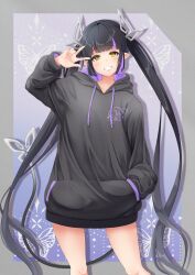 Rule 34 | 1girl, nanashi inc., absurdres, alternate costume, black hair, black hoodie, blunt bangs, blush, butterfly background, commentary request, demon girl, demon horns, demon tail, feet out of frame, grey background, grin, hand in pocket, highres, hood, hood down, hoodie, horns, kojo anna, long hair, looking at viewer, multicolored hair, pointy ears, purple background, purple hair, robou no stone, smile, solo, streaked hair, tail, twintails, very long hair, virtual youtuber, w, yellow eyes