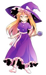 Rule 34 | 1girl, alphes (style), arm behind back, bare arms, blonde hair, bow, buttons, dairi, dress, eyebrows, facing viewer, frilled dress, frilled hat, frills, full body, hair between eyes, hat, hat bow, holding, kirisame marisa, kirisame marisa (pc-98), legs apart, long hair, looking at viewer, orb, parody, purple dress, purple hat, scepter, short sleeves, sidelocks, smile, socks, solo, standing, style parody, touhou, touhou (pc-98), transparent background, turtleneck, white bow, white socks, witch, witch hat, yellow eyes