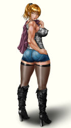 Rule 34 | 1girl, absurdres, ass, bad id, bad pixiv id, boots, breasts, camouflage, covered erect nipples, cutoffs, denim, denim shorts, female focus, fishnet thighhighs, fishnets, from behind, full body, hand on own hip, highres, jacket, jacket over shoulder, unworn jacket, knee boots, large breasts, long hair, long legs, looking back, muscular, muscular female, original, ponytail, saru panitumu, short shorts, shorts, simple background, solo, standing, tan, tank top, thighhighs