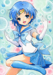 Rule 34 | 1990s (style), 1girl, bishoujo senshi sailor moon, blue eyes, blue flower, blue footwear, blue hair, blue rose, blue sailor collar, blue skirt, boots, bubble, choker, colorized, earrings, elbow gloves, flower, gloves, hair ornament, jewelry, kinoto (moc), knee boots, magical girl, matching hair/eyes, mizuno ami, open mouth, painting (medium), petals, retro artstyle, rose, sailor collar, sailor mercury, sailor senshi, short hair, skirt, smile, solo, tiara, traditional media, watercolor (medium), white gloves