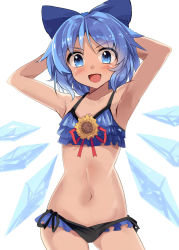 Rule 34 | 1girl, :d, armpits, arms behind head, arms up, bikini, black ribbon, blue bikini, blue bow, blue eyes, blue hair, blush, bow, cirno, collarbone, commentary request, contrapposto, cowboy shot, dark-skinned female, dark skin, detached wings, e.o., flat chest, flower, frilled bikini, frills, hair bow, hidden star in four seasons, highres, ice, ice wings, navel, open mouth, red ribbon, revision, ribbon, shiny skin, short hair, side-tie bikini bottom, simple background, smile, solo, standing, stomach, sunflower, swimsuit, tan, tanned cirno, tareme, thighs, touhou, v-shaped eyebrows, white background, wings