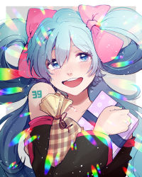 Rule 34 | 1girl, 39, alternate hairstyle, blue eyes, detached sleeves, gift, hair rings, hatsune miku, highres, hiiro, holding, holding gift, looking at viewer, open mouth, smile, solo, vocaloid