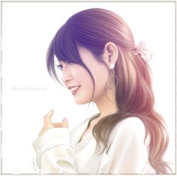 Rule 34 | 1girl, absurdres, asian, black eyes, border, brown hair, commentary request, earrings, hair behind ear, highres, jewelry, kondo koji (automotive artist), long hair, looking ahead, parted lips, real life, realistic, sawa sumire, signature, simple background, sleeves past wrists, smile, solo, twitter username, white background