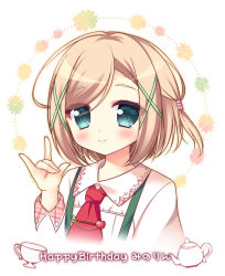 Rule 34 | 1girl, blue eyes, blush, character request, closed mouth, collared shirt, commentary request, cup, fingernails, fox shadow puppet, hair between eyes, hair ornament, highres, light brown hair, red neckwear, ryuuka sane, shirt, smile, solo, suspenders, teacup, teapot, upper body, white background, white shirt, x hair ornament, yorite konoha wa kurenai ni