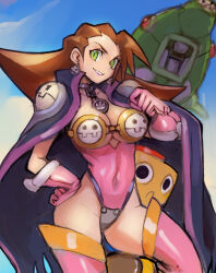 Rule 34 | 1girl, alternate costume, boots, breasts, brown hair, cape, cleavage, crotch plate, dakusuta, earrings, gloves, green eyes, hair pulled back, hair slicked back, hairband, highres, jewelry, leotard, medium breasts, medium hair, mega man (series), mega man legends (series), outdoors, pink hairband, servbot (mega man), ship, standing, strapless, thigh boots, tron bonne (mega man), watercraft, weapon