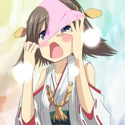 Rule 34 | 1girl, bandou marimo, blue eyes, brown hair, detached sleeves, fashi, female pervert, hands on own face, headband, hiei (kancolle), japanese clothes, kantai collection, nontraditional miko, object on head, open mouth, panties, panties on head, parody, pervert, pink panties, shige-chocobo, short hair, solo, teekyuu, underwear
