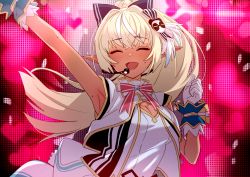 Rule 34 | 1girl, absurdres, arm up, armpits, blonde hair, blush, bow, bowtie, breasts, cleavage, cleavage cutout, closed eyes, clothing cutout, commentary request, dark-skinned female, dark skin, gloves, hair bow, hair ornament, hand up, heart, heart background, highres, hololive, long hair, microphone, open mouth, panda hair ornament, pointy ears, shiranui flare, smile, solo, sweat, upper body, virtual youtuber, white gloves, yomosaka