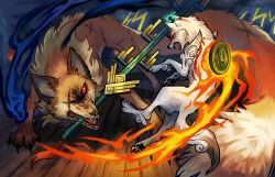 Rule 34 | amaterasu (ookami), animal focus, black eyes, blue fire, brown fur, claws, colored sclera, facial mark, fangs, fire, fox, ginziro, issun, long tail, missing eye, mouth hold, multiple scars, ninetails (ookami), no humans, ookami (game), open mouth, pawpads, red sclera, scar, sharp teeth, tail, teeth, weapon in mouth, white fur, wolf, wooden floor