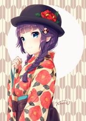 Rule 34 | 1girl, bad id, bad pixiv id, beige kimono, black hat, blue eyes, blunt bangs, blush, braid, brown hakama, checkerboard cookie hair ornament, closed mouth, cookie hair ornament, copyright request, fingernails, floral print, flower, food-themed hair ornament, hair ornament, hairclip, hakama, hakama skirt, hand up, hat, hat flower, head tilt, japanese clothes, kimono, long sleeves, low twintails, nunucco, pinching sleeves, print kimono, purple hair, red flower, signature, skirt, sleeves past wrists, smile, solo, twin braids, twintails, wide sleeves, yagasuri