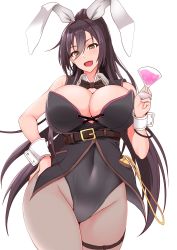 Rule 34 | 1girl, animal ears, bare shoulders, belt, black bow, black hair, black leotard, blush, bow, bowtie, breasts, cleavage, cocktail glass, covered navel, cup, detached collar, drinking glass, fake animal ears, hair between eyes, hand on own hip, high ponytail, highleg, highleg leotard, highres, idolmaster, idolmaster shiny colors, large breasts, leotard, long hair, looking at viewer, moo yoshio, pantyhose, playboy bunny, ponytail, rabbit ears, shirase sakuya, simple background, smile, solo, thigh strap, thighs, underbust, white background, wrist cuffs, yellow eyes