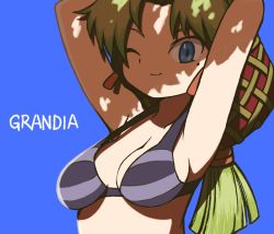 Rule 34 | 1girl, arms up, beeru (veil8801), bikini, bikini top only, blue eyes, breasts, cleavage, closed mouth, grandia, grandia i, green hair, jewelry, lily (grandia), long hair, looking at viewer, mole, mole under eye, one eye closed, simple background, solo, swimsuit