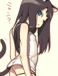 Rule 34 | animal ears, ass, blue eyes, brown hair, cat ears, cat girl, cat tail, flat chest, from side, hijiri rei, looking back, lowres, oekaki, original, simple background, slit pupils, solo, tail, thigh strap, white background