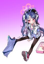 Rule 34 | 1girl, absurdres, aghanseonmul, antenna hair, black pantyhose, blue archive, blue hair, blue necktie, blush, closed mouth, doughnut, food, fubuki (blue archive), full body, gradient background, grey hair, halo, highres, jacket, long hair, long sleeves, multicolored hair, necktie, open clothes, open jacket, pantyhose, pink halo, red eyes, shoes, smile, solo, tongue, tongue out, twintails, white jacket